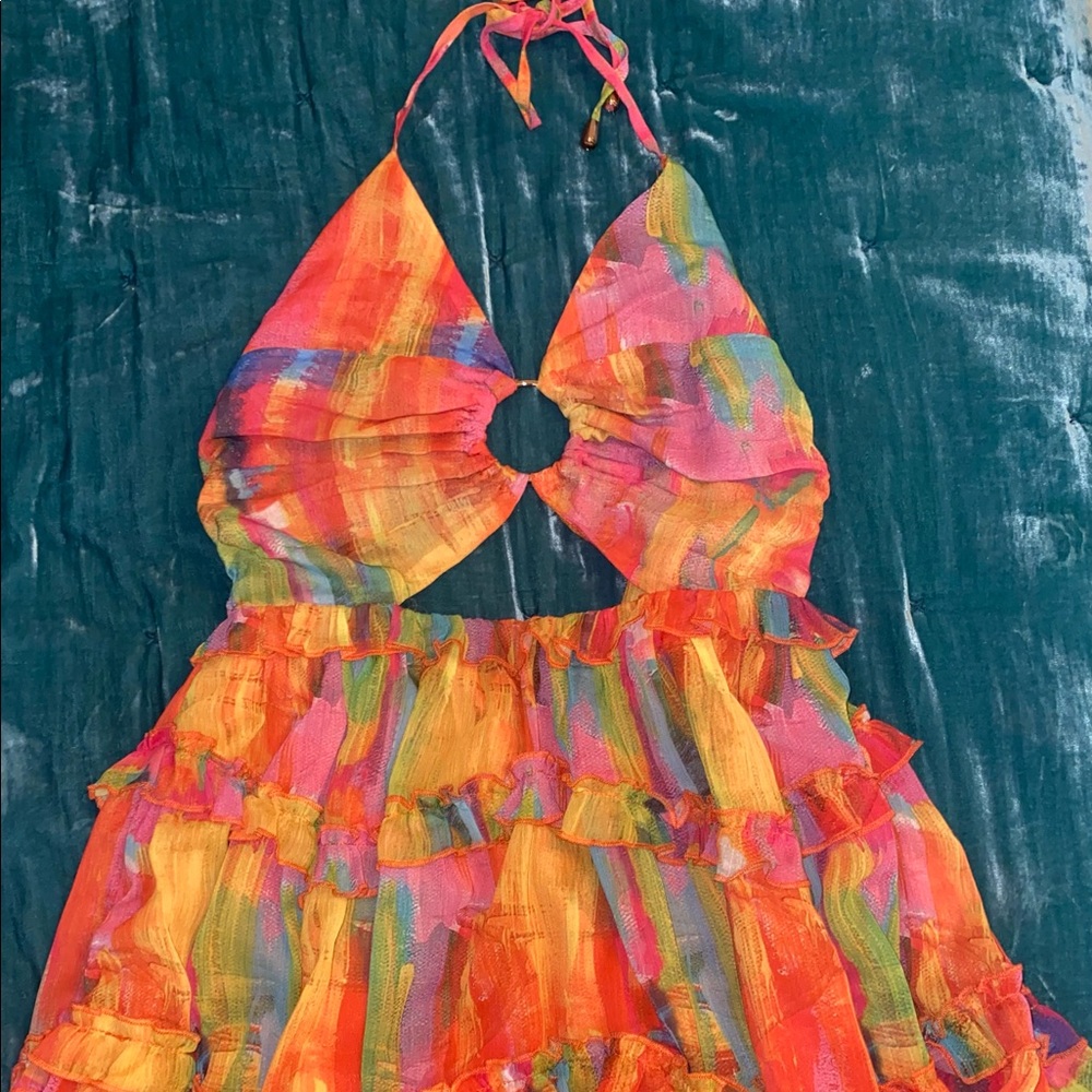 NWT!!! MULTI COLOR HALTER NECK MINI DRESS size S
